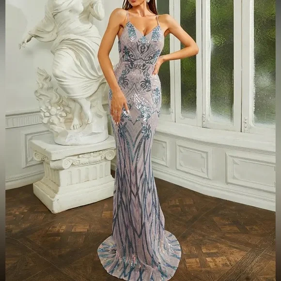 Luxe lace up back party formal promevening dress